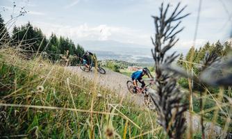Two mountain bikers are riding a gravel path through a picturesque landscape. In the background, trees and mountains can be seen under a clear sky.