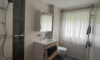 A modern bathroom with a shower and a wooden sink. Large windows provide plenty of natural light.
