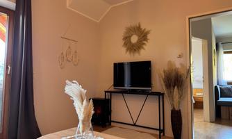 A modern living room with a television and a coffee table. Decorative plants and a natural color tone create a cozy atmosphere.