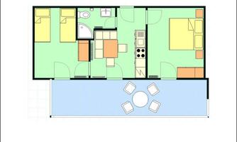 A simple floor plan sketch of an apartment. The areas are marked in different colors and show a bedroom, a bathroom, and a living area with a kitchen.
