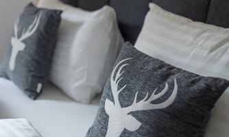A modern bedroom with a padded headboard and decorative pillows. The pillows feature a stylish antler motif and radiate coziness.
