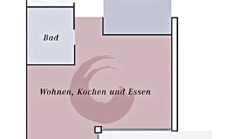 A floor plan sketch of an apartment with various rooms. The areas include sleeping, bathroom, toilet, as well as living, cooking, and dining, with access to the terrace.