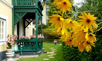 A charming house with a green balcony and colorful flowers. Yellow sunflowers are blooming in the foreground, giving the garden a cheerful atmosphere.