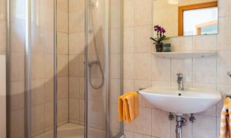A modern bathroom with a shower in a glass enclosure.  
Towels and a small plant pot give the space a welcoming atmosphere.