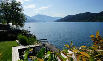 A quiet lake surrounded by mountains and greenery. In the foreground, there is a wooden terrace with plants visible.