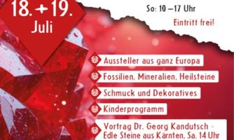 Ein Veranstaltungsplakat für die 32. Mineralientage im Stadtsaal Radenthein. Es zeigt Informationen zu Ausstellern, Workshops und einem Vortrag, der am 19. Juli stattfindet.