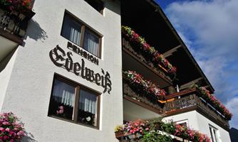A picturesque inn named "Edelweiss." The balcony is adorned with colorful flowers and the sky displays a radiant blue.