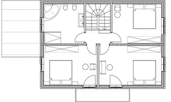 A floor plan of a house with four rooms, a bathroom, and a central stair area. The rooms are symmetrically arranged and sketched with furniture.