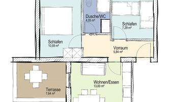 A floor plan of an apartment with several rooms, including a bedroom, bathroom, and living area. The terrace is also indicated.