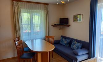 A cozy living space with a dining table and chairs. On the left side, there is a blue couch and the window lets in a lot of light.