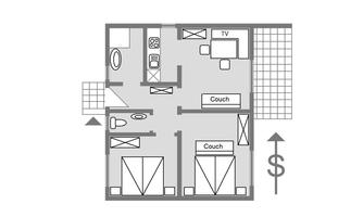 A simple floor plan sketch of an apartment. The rooms are furnished with a couch, TV, kitchen, and bathroom.