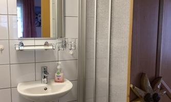 A simple bathroom with a shower, a sink, and a mirror. The walls are tiled, and a wooden door with a decorative detail is visible.