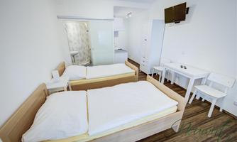 A bright room with two single beds, a table, and a television. The walls are white and the floor is made of wood.