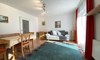 A bright living room with a cozy sofa and a large rug. There is a dining table and windows with red curtains that let in plenty of light.