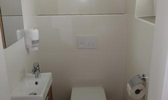 A modern bathroom with a sink and a toilet. The walls are bright and there is a large mirror.