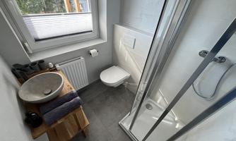 A modern bathroom with a shower, a sink, and a toilet area. Large windows provide plenty of daylight.