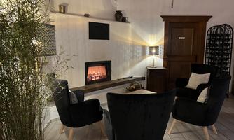 A cozy living room with two black armchairs and a modern fireplace. The walls are light, and there is a decorative plant in the background.