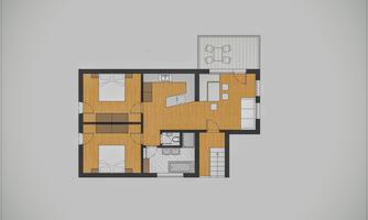 A modern floor plan of a living space. It shows two bedrooms, a bathroom, and a balcony.