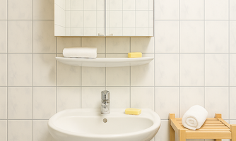 A modern bathroom with a sink and a large mirror. Next to the sink is a wooden shelf with towels and a hairdryer.