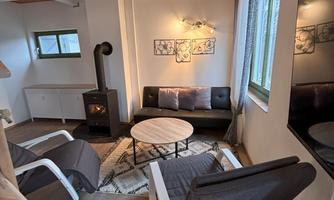 A cozy living room with a modern sofa and a round table. Next to a wood stove, there are large windows that provide plenty of daylight.