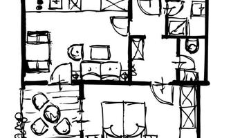 A sketch of a floor plan featuring a living area, bedroom, and bathroom. The plan displays various furniture and rooms in a simple, hand-drawn style.