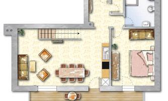 A floor plan drawing of an apartment featuring a living room, a dining area, a kitchen, and a bedroom. The bathrooms are also marked, along with the rooms for orientation.