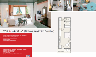 A cozy apartment with a double bed and a dining area. The room features a balcony with a view of the mountains.