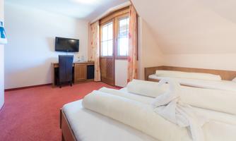 A cozy room with a double bed and fresh towels. There is a television and a window with a view of the surroundings.