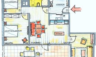 A floor plan of an apartment with various rooms. Visible are a bedroom, a living area, a kitchen, and a terrace.
