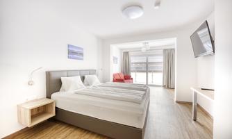 A modern bedroom with a large bed and a television. The room has large windows, plenty of daylight, and a cozy sitting area.