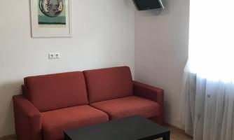 A cozy living room with a red sofa and a black table. A picture hangs on the wall, and the light from a window illuminates the room.