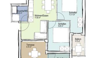 An apartment floor plan with different rooms, including living room, bedroom, and balcony. The area of each room is specified.
