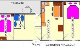 A floor plan of an apartment with various rooms. The rooms include a bedroom, a bathroom, a kitchen, a living room, and an entrance.