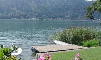 A tranquil lake with gentle waves and green shores. Colorful flowers and a wooden pier add a picturesque charm to the scene.