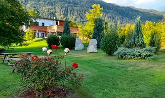 A beautiful garden with colorful roses and various trees. In the background, a modern building and gentle hills can be seen.