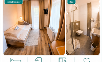 A cozy single room with modern interior and a large window. The bathroom is bright and equipped with a shower.