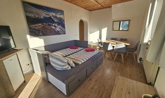 A bright and cozy living room with a sofa bed and a table for four people. The wooden wall ceiling and the large window create an inviting atmosphere.