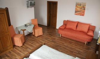 A simple room with an orange sofa and a table. The floor is wooden, and there is a television on the wall.