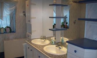 A bright bathroom with two sinks and a large mirror. Plants are on the windowsills.