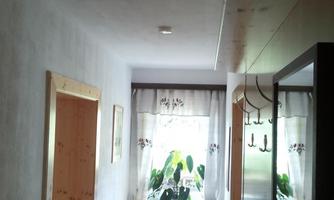 A bright hallway with wood paneling and a large window. Plants are on the windowsill and there is a coat rack on the wall.