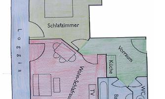 A colored sketch of a floor plan with various rooms. The rooms include a bedroom, a living-sleeping room, a kitchen, a bathroom, a toilet, and an entryway.