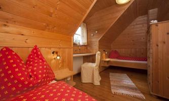 A cozy room with wood paneling and red bedding. There is a desk and a seating area as well as a small rug.