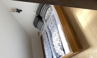 A cozy bedroom with a double bed and decorative pillows. The walls are light and the floor is made of wood.