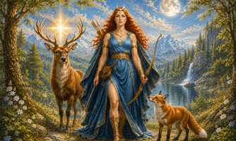 Eine kriegerische Frau in blauer Robe steht in einer Waldlandschaft. Neben ihr stehen ein Reh und ein Fuchs, während der Mond und ein helles Licht im Hintergrund scheinen.