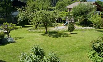 A well-maintained garden with plenty of green grass and various trees. In the background, there is a playground and some residential houses.