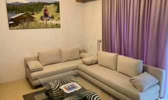 A modern living room with a beige couch and a zebra-patterned table. In the background, there is a picture of a woman in nature.