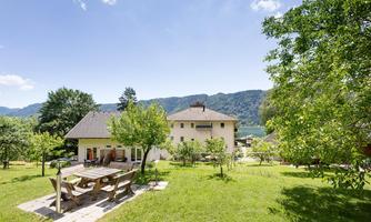 A beautiful house with a large garden and a terrace. In the background, mountains and a clear sky can be seen.