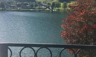 A peaceful lake surrounded by mountains and trees. In the foreground, there is a wrought iron railing.