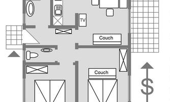 A simple floor plan drawing of an apartment with two bedrooms, a living room, a kitchen, and a bathroom. The furniture is drawn schematically.