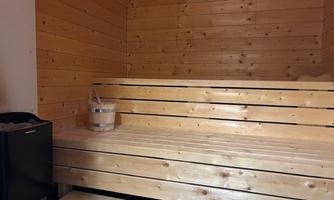 A cozy sauna with wooden walls and benches. A bucket and a ladle are located on one of the benches.